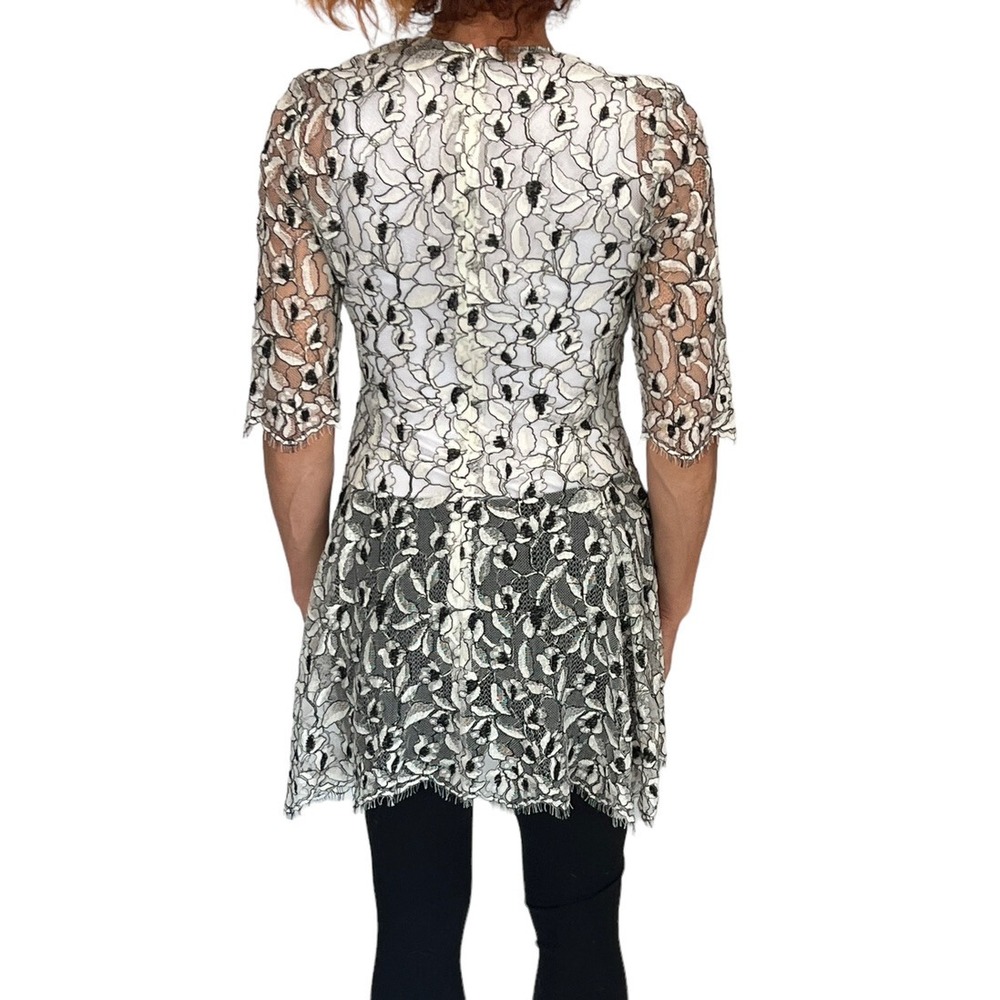 $1195 LELA ROSE LACE FLARE HEM Asymmetric Black Ivory guipure lace Flare TOP 6 - Picture 10 of 14